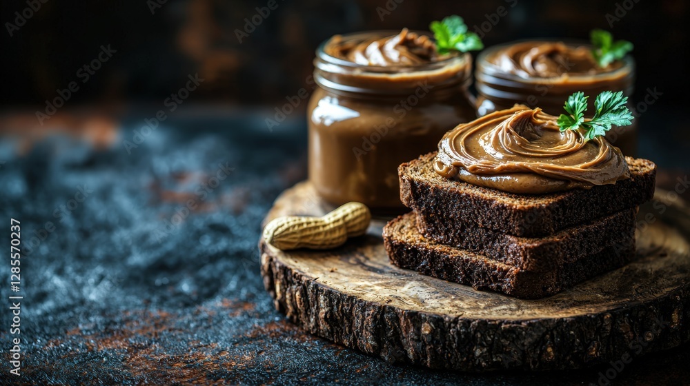 A decadent piece of cake with a jar of peanut butter and generous swirls of creamy indulgence A decadent piece of cake with a jar of peanut butter and generous swirls of creamy indulgence