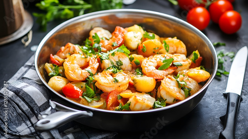 Sautéed Shrimp and Vegetables in a Pan with Fresh Herbs and a Rustic Setting : Generative AI