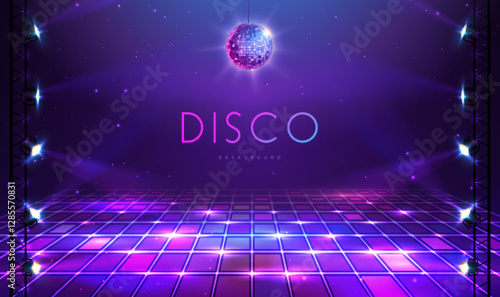 Disco party showcase background with neon dance floor, disco ball and spot light beams. Disco ball background. Vector illustration