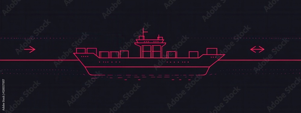 Obraz premium Minimalistic Outline of a Cargo Ship on Dark Background with Neon Accents and Arrows