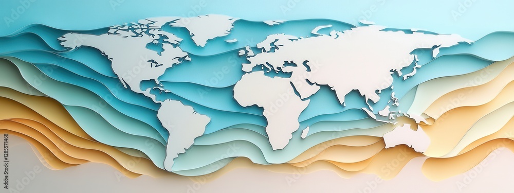 Abstract Layered World Map Illustration with Soft Waves and Ocean Tones in Light Color Palette Abstract Layered World Map Illustration with Soft Waves and Ocean Tones in Light Color Palette