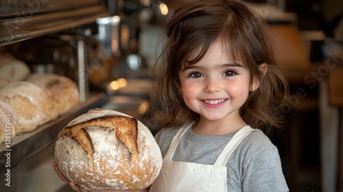 Little girl proudly holding a freshly baked loaf of bread in a bright and cheerful kitchen