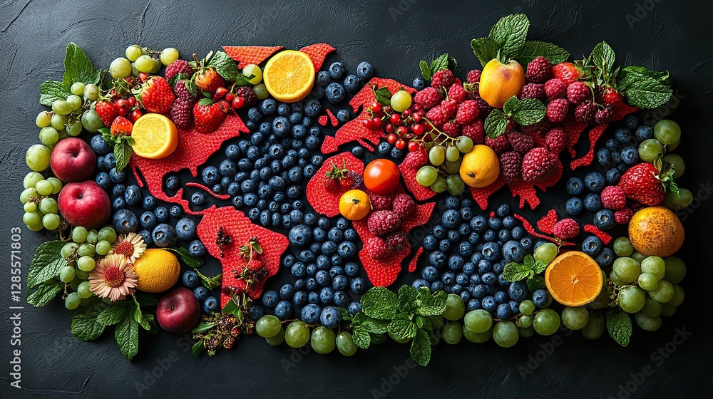 Fresh fruits are artfully arranged on a world map, showcasing global diversity and abundance. Fresh fruits are artfully arranged on a world map, showcasing global diversity and abundance.