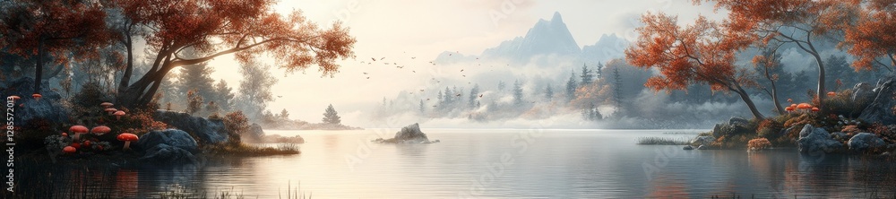 Serene Lakeside Landscape with Mushrooms and Autumn Vibes. Generative AI Serene Lakeside Landscape with Mushrooms and Autumn Vibes. Generative AI