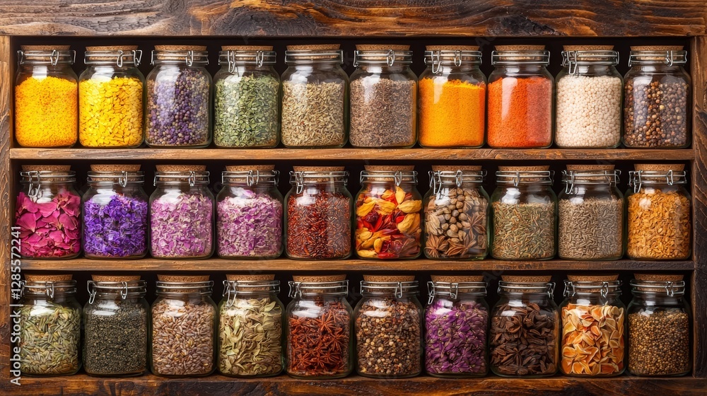 A vibrant culinary collection of jars displaying an array of colorful spices neatly arranged on shelf A vibrant culinary collection of jars displaying an array of colorful spices neatly arranged on shelf
