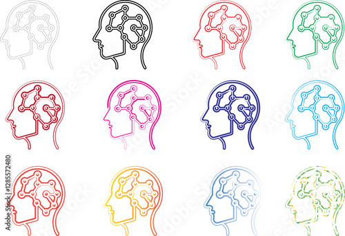 Stylized profile sketches, colorful line drawings of heads, minimal facial features, abstract brain patterns, geometric cranium designs, diverse color palette, repetitive artistic motif, neuroscience 