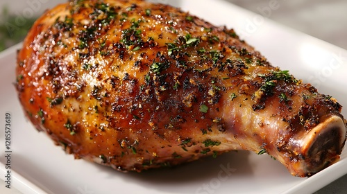 Close-up of a roasted turkey leg with crispy skin, ideal for holiday and feast themes photo