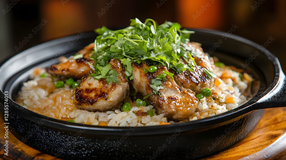 Delicious Grilled Chicken with Cilantro on Bed of Rice in a Rustic Bowl : Generative AI Delicious Grilled Chicken with Cilantro on Bed of Rice in a Rustic Bowl : Generative AI