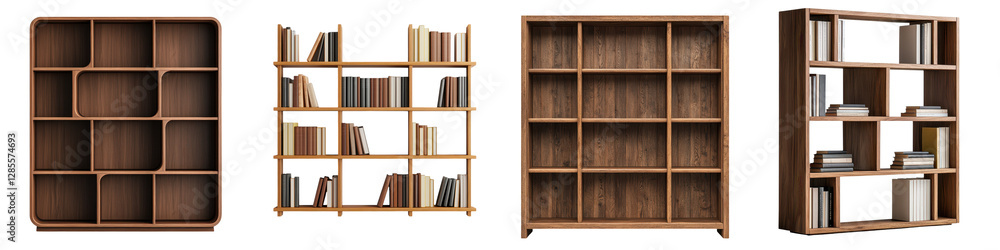 Assortment of wooden bookshelves with various compartments and shelves showcasing an organized collection of books in a modern minimalist interior design setting Assortment of wooden bookshelves with various compartments and shelves showcasing an organized collection of books in a modern minimalist interior design setting