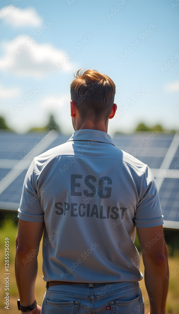 Naklejka premium ESG specialist overseeing solar panel farm for corporate sustainability and renewable energy strategy