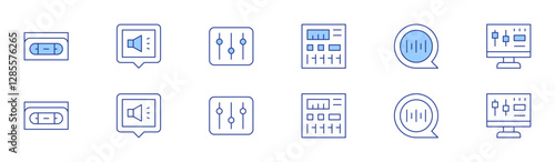 Audio icon set in two styles, Duotone and Thin Line style. Editable stroke. cassette tape, speaker, sound equipment, audio, dj mixer