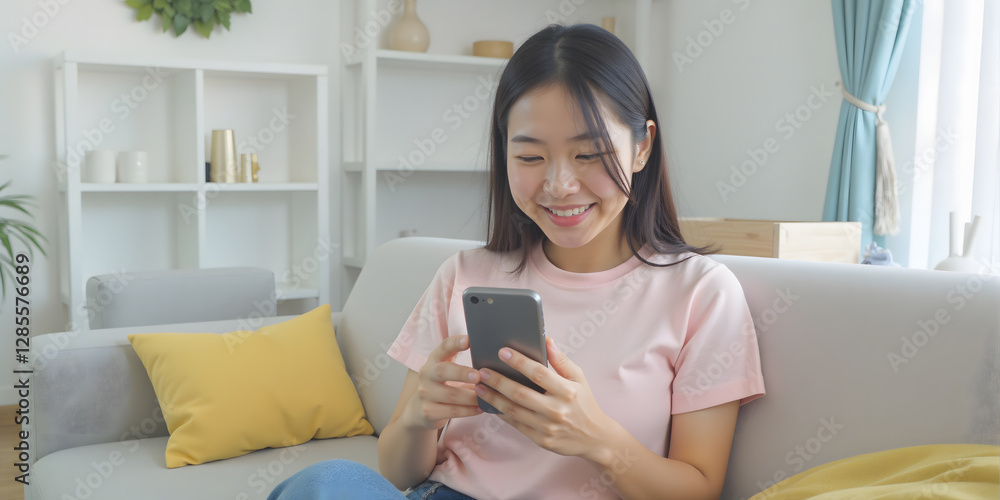 Smiling Asian woman using smartphone on sofa, browsing internet, social media Smiling Asian woman using smartphone on sofa, browsing internet, social media
