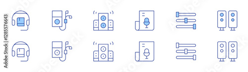 Audio icon set in two styles, Duotone and Thin Line style. Editable stroke. sound, headphones, equalizer, music player, speakers, home theater