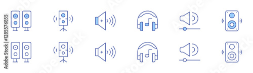 Audio icon set in two styles, Duotone and Thin Line style. Editable stroke. speakers, speaker, volume up, headphones