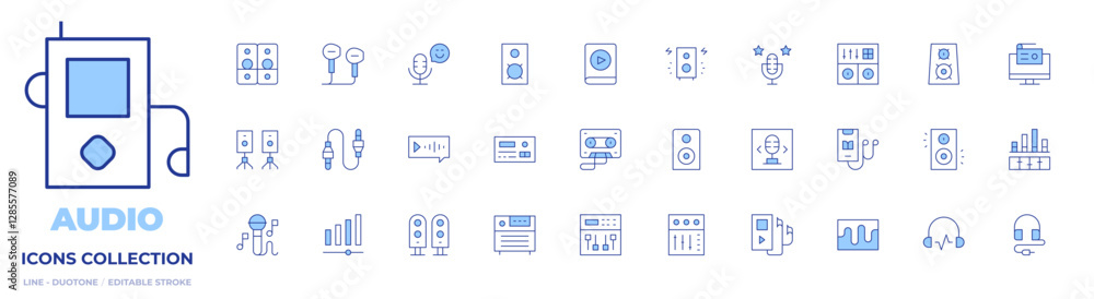 Audio icons collection. Line Duotone style, editable stroke. speakers, microphone, audiobook, cassette, headphones, loudspeaker, mixing table, speaker, mixer Audio icons collection. Line Duotone style, editable stroke. speakers, microphone, audiobook, cassette, headphones, loudspeaker, mixing table, speaker, mixer