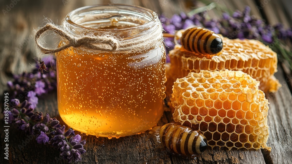 Close up of a jar of golden honey and a fresh honeycomb displaying natural sweetness and texture Close up of a jar of golden honey and a fresh honeycomb displaying natural sweetness and texture