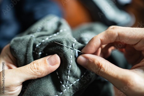 Valokuva Decorating clothes with Sashiko, a traditional Japanese embroidery and stitching