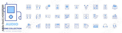 Audio icons collection. Line Duotone style, editable stroke. speakers, microphone, audiobook, cassette, headphones, loudspeaker, mixing table, speaker, mixer