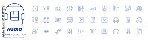 Audio icons collection. Thin Line icons, editable stroke. speakers, radio waves, speaker, microphone, audiobook, cassette, loudspeaker, mixing table