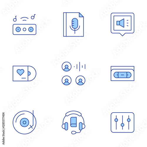 Audio icons set. Line Duotone style, editable stroke. cassette tape, speaker, vinyl disc, dj, audio book, audio, audio file, dj mixer