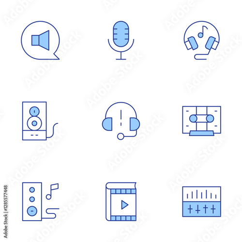 Audio icons set. Line Duotone style, editable stroke. cassette tape, speakers, voice, headphone, audio, audio control, audio book