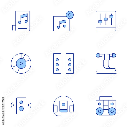 Audio icons set. Line Duotone style, editable stroke. sound mixer, boombox, earphones, speaker, music, vinyl record, audio system, audio, audio guide