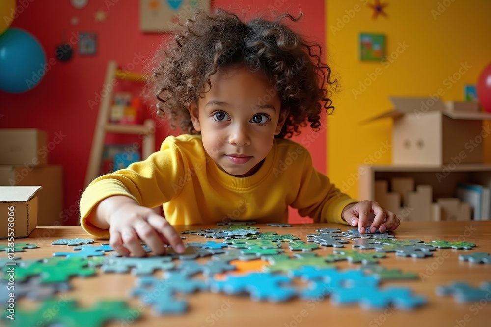 Fototapeta premium Puzzle Fun Game. Curly hair girl yellow shirt assembling colorful puzz
