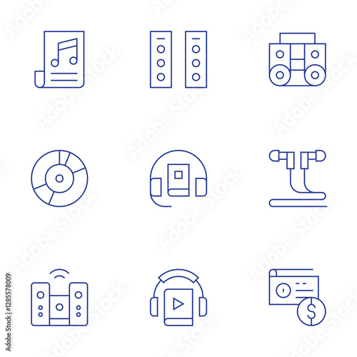 Audio icons set. Thin Line style, editable stroke. boombox, earphones, radio, music, vinyl record, home cinema, audio system, audio guide
