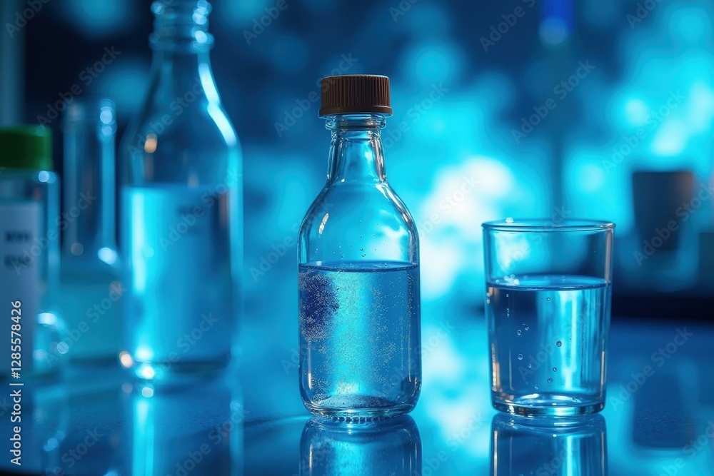 Cold Drink Glass. Clear glass bottle and glass with water on blue back Cold Drink Glass. Clear glass bottle and glass with water on blue back