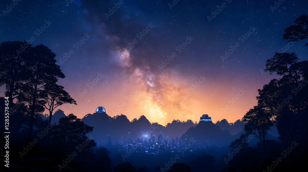 Naklejka premium City Milky Way Sunset Forest View