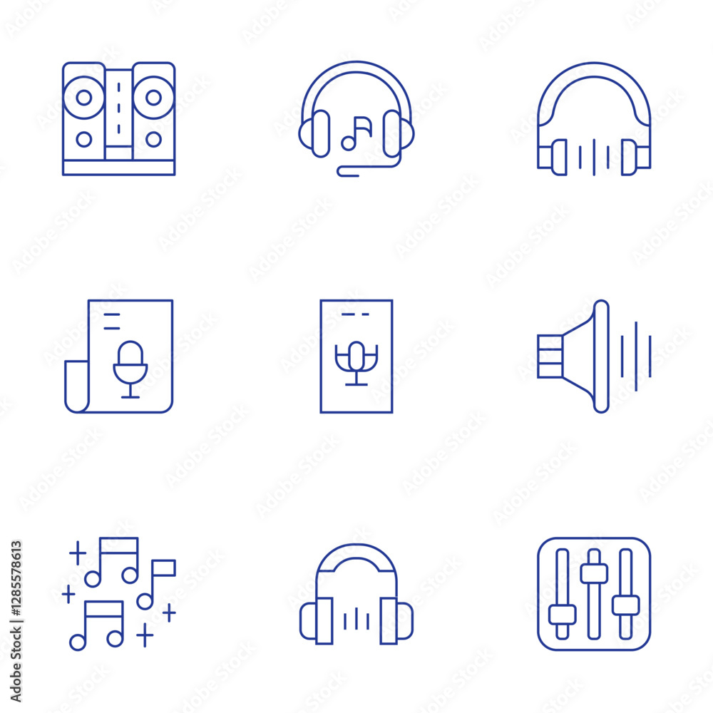 Audio icons set. Thin Line style, editable stroke. subwoofer, sound, music, audio, headphones, equalizer Audio icons set. Thin Line style, editable stroke. subwoofer, sound, music, audio, headphones, equalizer