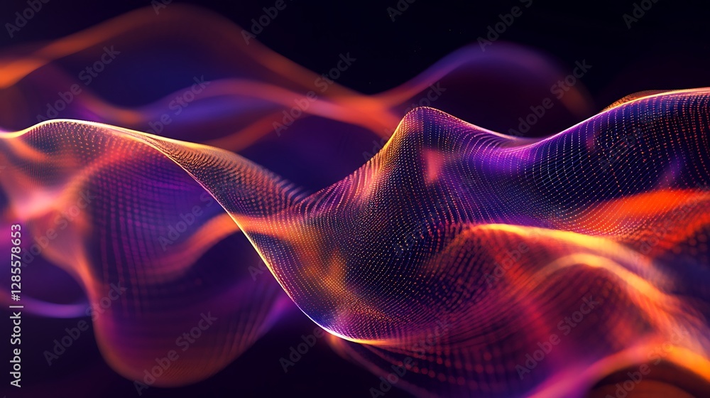 Futuristic composition with luminous data points forming a web-like structure on a gradient background of deep blue and purple. Futuristic composition with luminous data points forming a web-like structure on a gradient background of deep blue and purple.