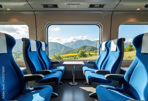 Journey in style and sustainability: Explore China's high-speed railway interior through this stunning photograph, highlighting blue seating, ambient LED lighting, expansive windows with clear village
