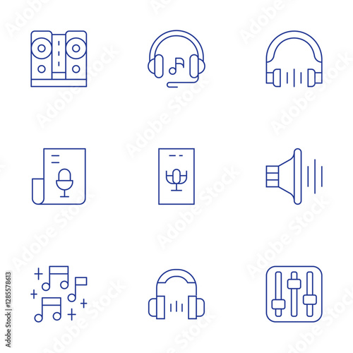 Audio icons set. Thin Line style, editable stroke. subwoofer, sound, music, audio, headphones, equalizer