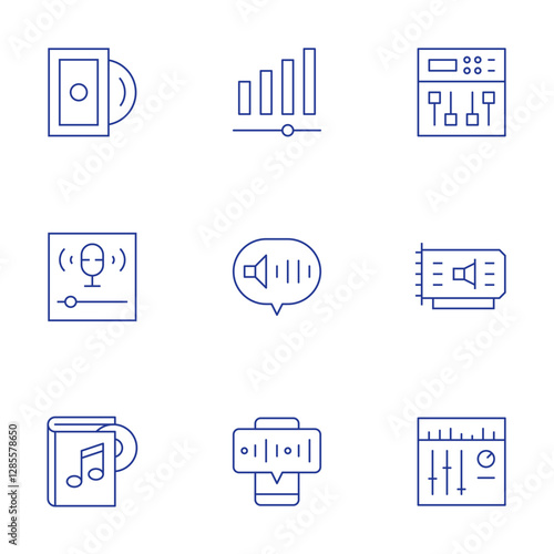 Audio icons set. Thin Line style, editable stroke. volume, mixer, sound card, vinyl disc, podcast, music, voice recorder, voice chat