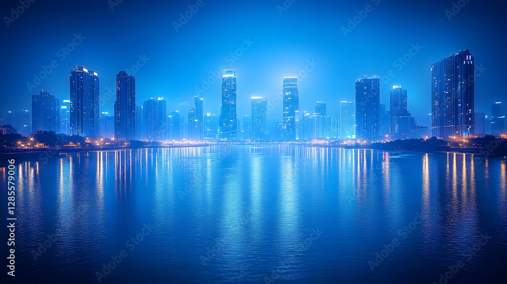 Fototapeta premium City Skyline at Night Reflecting on Water
