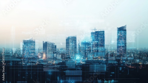 Vibrant and dynamic cityscape featuring a cluster of towering skyscrapers and high rise buildings against a backdrop of a illuminated nightscape  The scene showcases the contemporary architecture