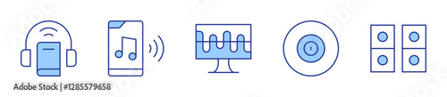speakers, music player, audio book, additive synthesis, music and multimedia. Audio Icon vector illustration. Line Duotone style. Editable stroke