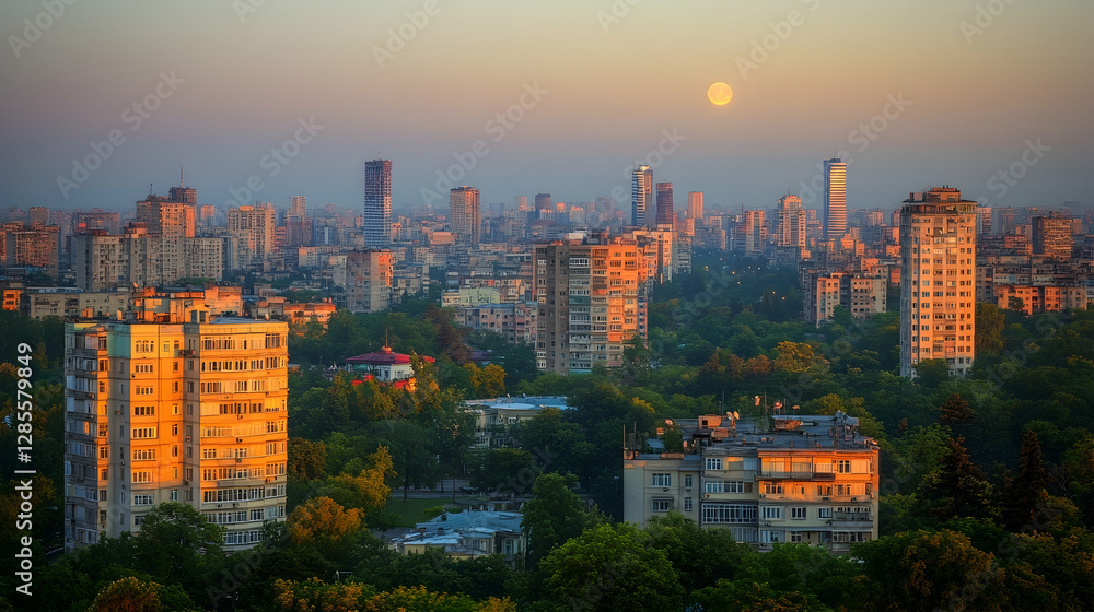 Fototapeta premium City Sunset Skyline Aerial View
