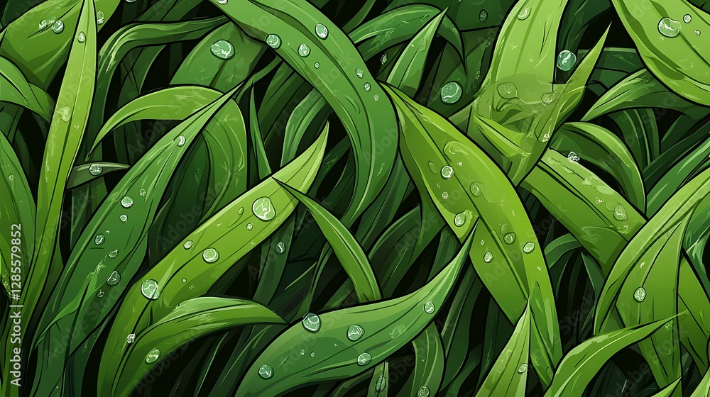 Fototapeta premium Dew-Kissed Grass Blades: A Vibrant Digital Illustration AI Generated