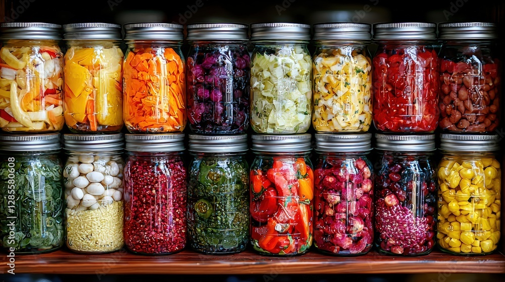 Diverse collection of jars filled with various foods organized for storage and culinary use in kitchen Diverse collection of jars filled with various foods organized for storage and culinary use in kitchen