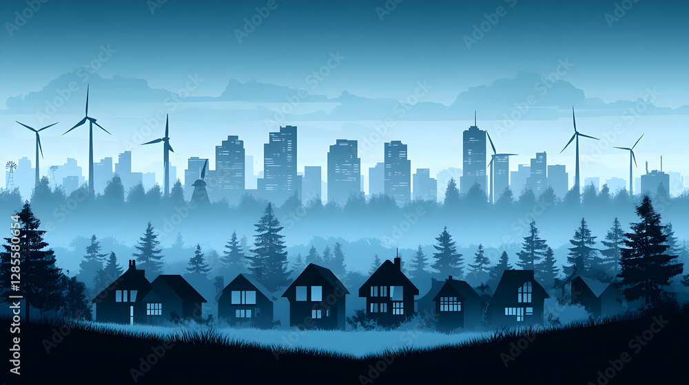 Obraz premium Cityscape with Wind Turbines & Fog