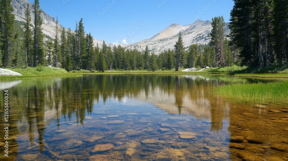 Obraz premium Mountain Lake Reflection, Sunny Day, Peaceful Scenery