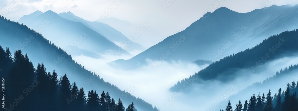 Serene Mountain Landscape with Misty Valleys and Lush Forests in Soft Blue Tones