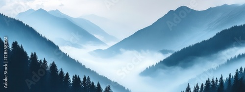 Obraz na płótnie Serene Mountain Landscape with Misty Valleys and Lush Forests in Soft Blue Tones w salonie
