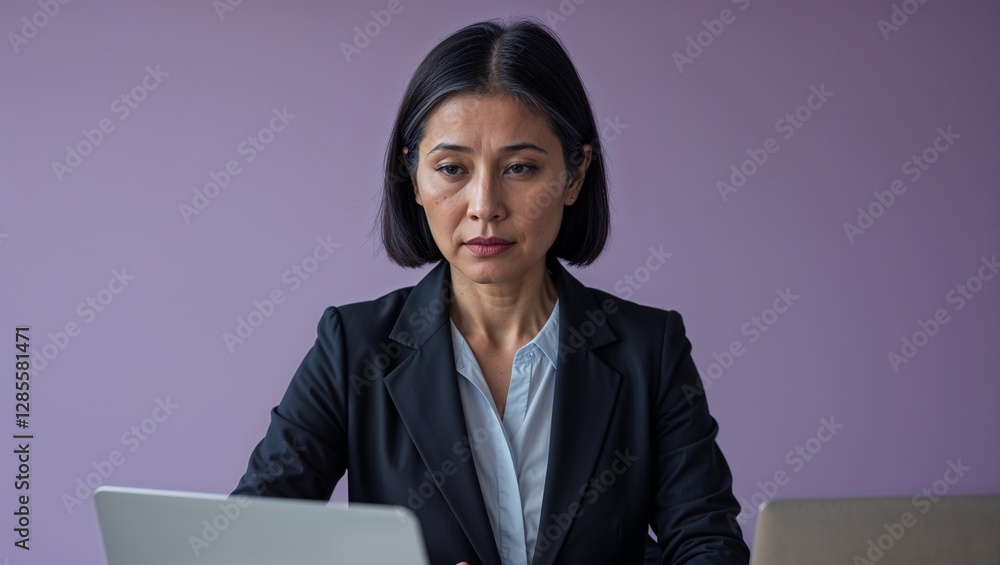 A middle aged East Asian woman preparing a report in a formal blouse in a shared office space in closeup portrait on a plain soft peach background A middle aged East Asian woman preparing a report in a formal blouse in a shared office space in closeup portrait on a plain soft peach background