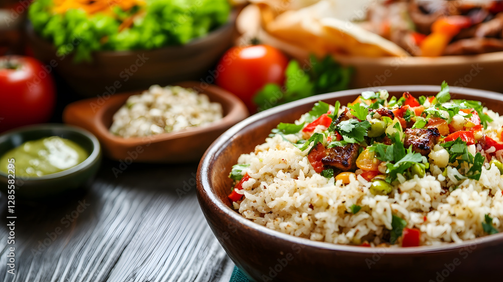 Flavorful Rice Dish with Fresh Vegetables and Cilantro Garnish : Generative AI Flavorful Rice Dish with Fresh Vegetables and Cilantro Garnish : Generative AI