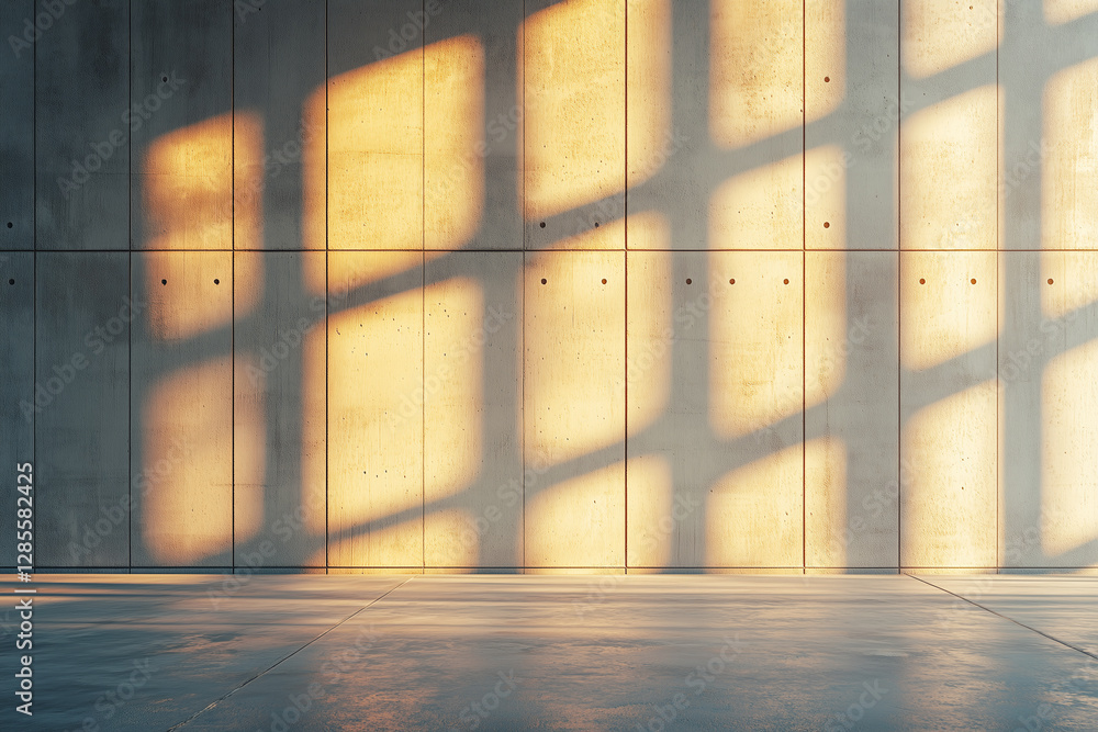modern industrial interior featuring white concrete wall illuminated by warm sunlight, casting soft shadows. atmosphere is serene and minimalistic, perfect for creative spaces