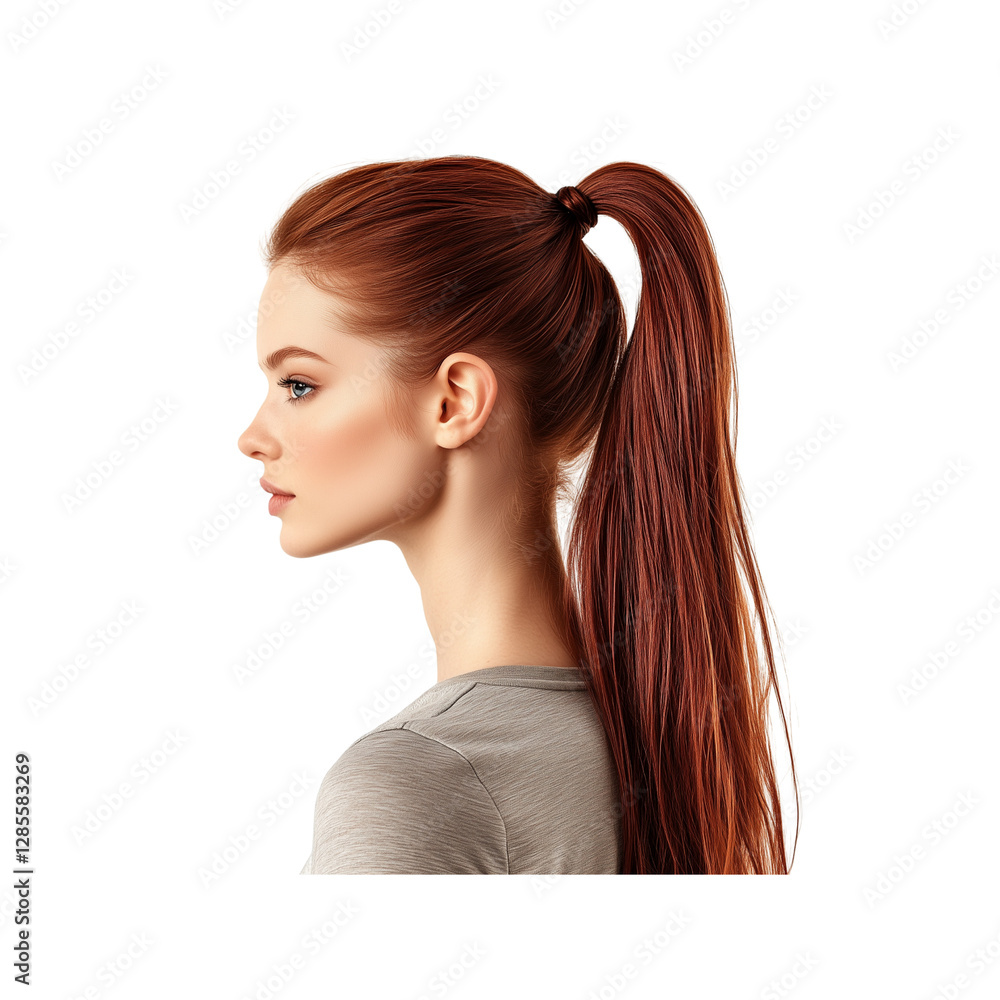 Naklejka premium A profile view of a woman with long, sleek red hair styled in a high ponytail, Isolated on white background.
