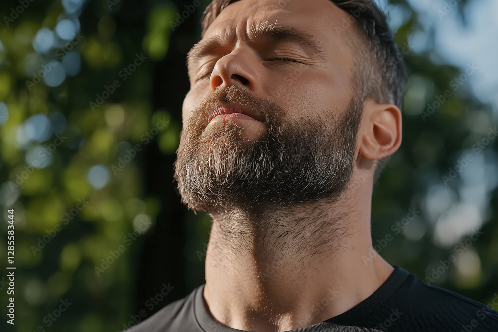 Fototapeta premium man practicing mindfulness outdoors, taking deep breaths in serene environment. His expression reflects calmness and focus, surrounded by nature beauty